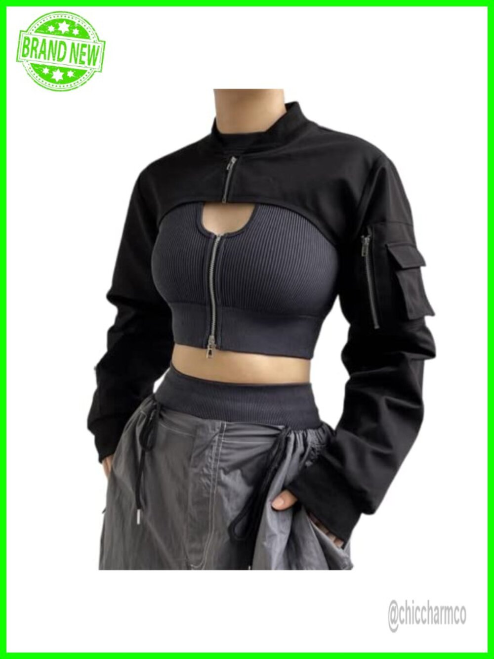 Women's Goth Crop Top Jacket Zip Up Bolero Moto Biker Shrug